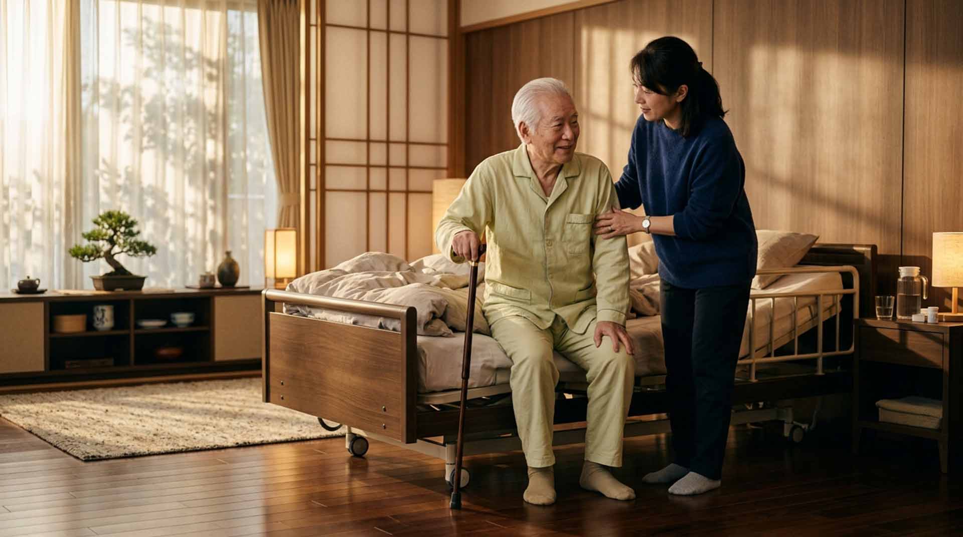 介護ベッドのそばで利用者に寄り添うケアの様子