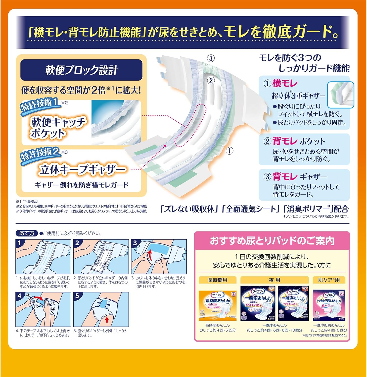 ライフリー｜横モレあんしんテープ止め L 17枚 4回吸収 画像2